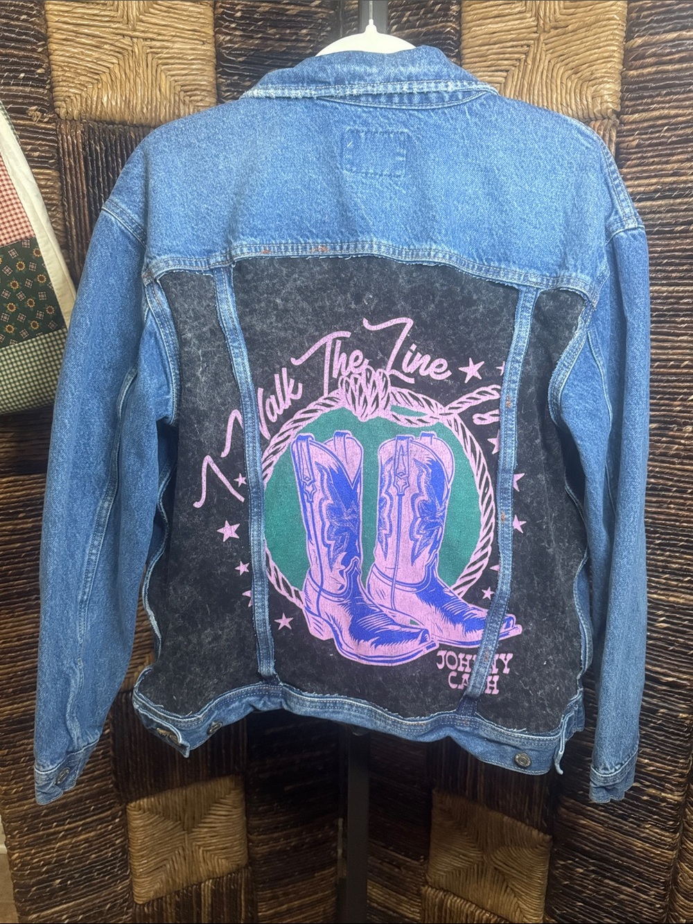 Upcycled Walk The Line Graphic Denim Jacket - Blue